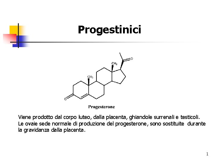 Progestinici Viene prodotto dal corpo luteo, dalla placenta, ghiandole surrenali e testicoli. Le ovaie