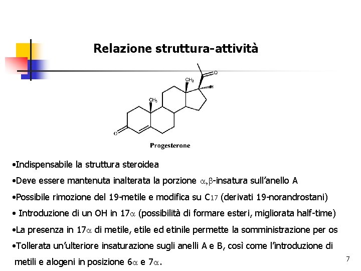 Relazione struttura-attività • Indispensabile la struttura steroidea • Deve essere mantenuta inalterata la porzione