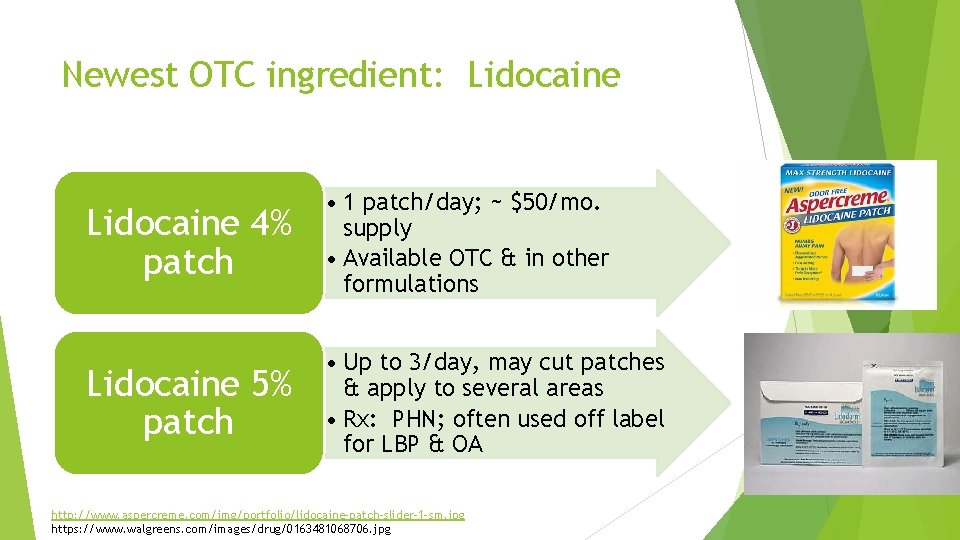 Newest OTC ingredient: Lidocaine 4% patch • 1 patch/day; ~ $50/mo. supply • Available