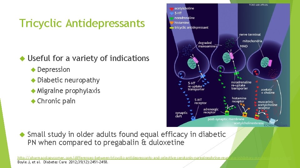 Tricyclic Antidepressants Useful for a variety of indications Depression Diabetic neuropathy Migraine prophylaxis Chronic