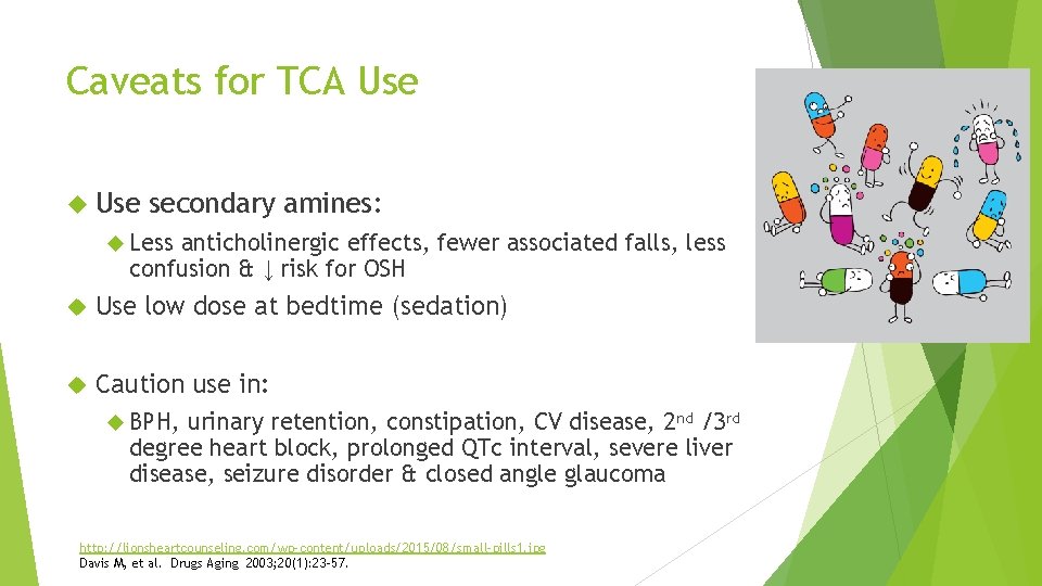 Caveats for TCA Use secondary amines: Less anticholinergic effects, fewer associated falls, less confusion