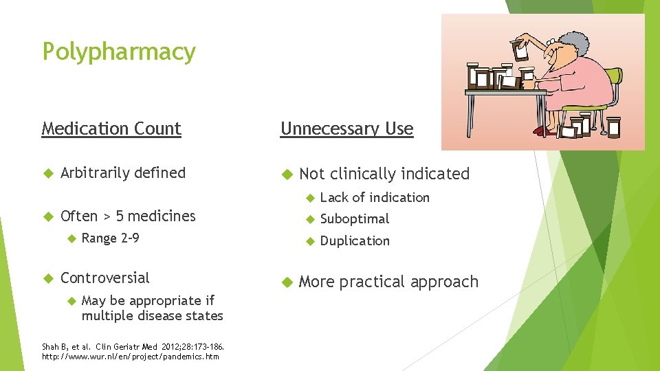 Polypharmacy Medication Count Arbitrarily defined Often > 5 medicines Unnecessary Use Range 2 -9