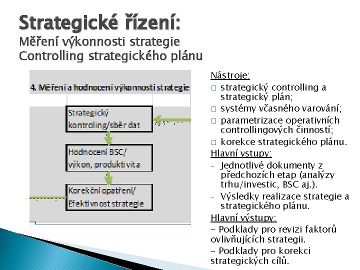 Strategické řízení: Měření výkonnosti strategie Controlling strategického plánu Nástroje: � strategický controlling a strategický