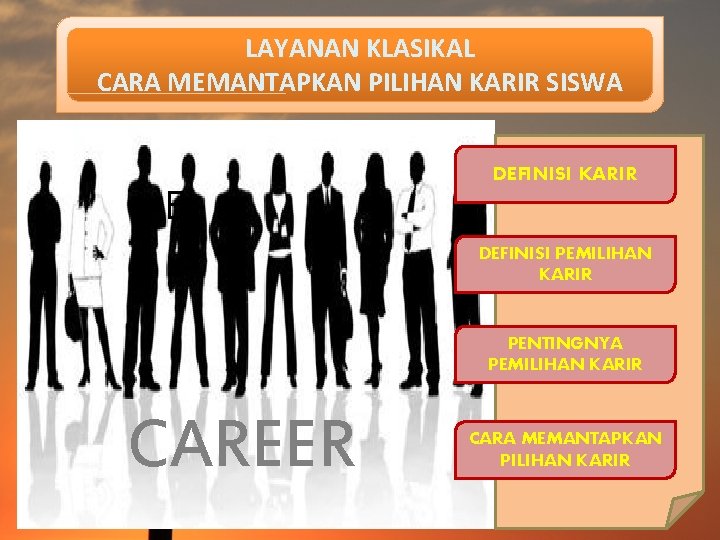 LAYANAN KLASIKAL CARA MEMANTAPKAN PILIHAN KARIR SISWA E DEFINISI KARIR DEFINISI PEMILIHAN KARIR PENTINGNYA