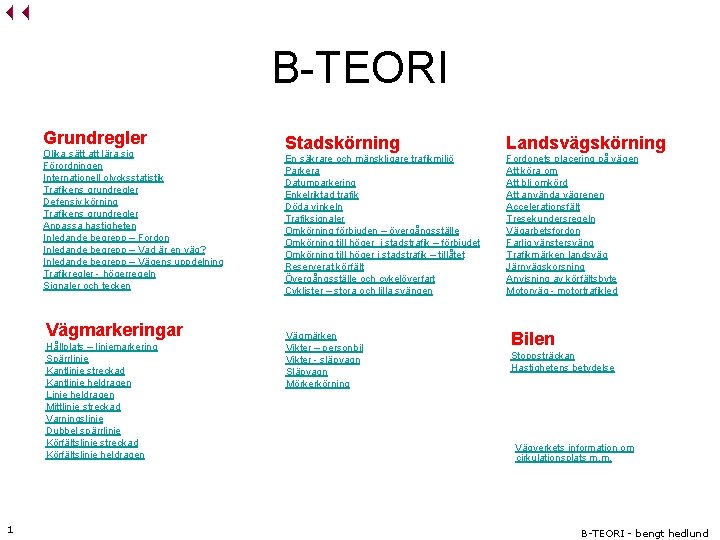 B-TEORI Grundregler Olika sätt att lära sig Förordningen Internationell olycksstatistik Trafikens grundregler Defensiv körning