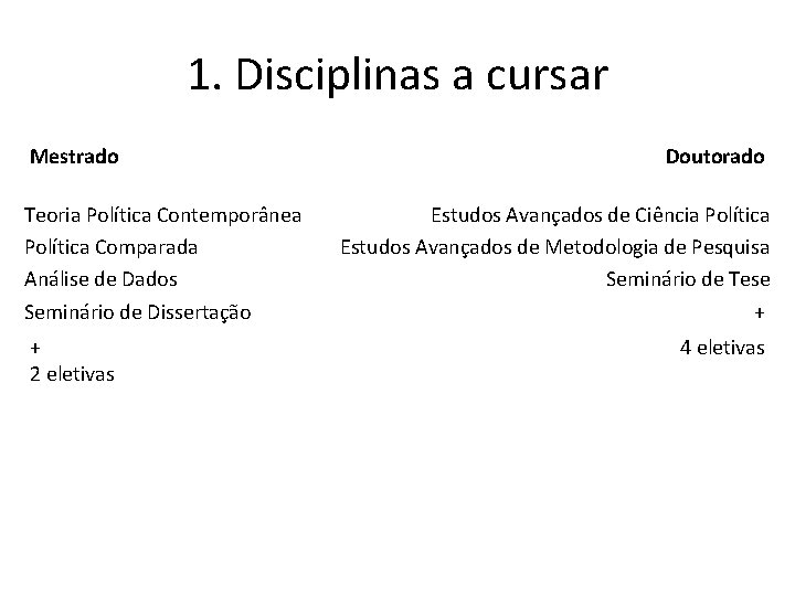 1. Disciplinas a cursar Mestrado Teoria Política Contemporânea Política Comparada Análise de Dados Seminário