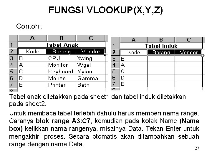 FUNGSI VLOOKUP(X, Y, Z) Contoh : Tabel anak diletakkan pada sheet 1 dan tabel