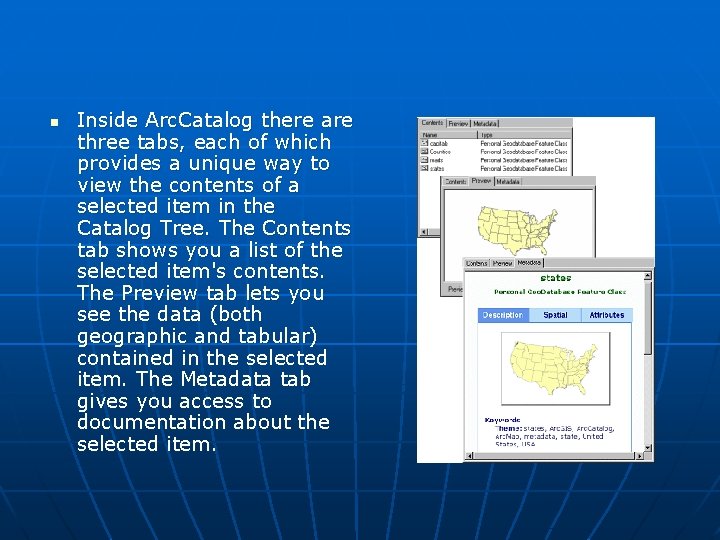 n Inside Arc. Catalog there are three tabs, each of which provides a unique