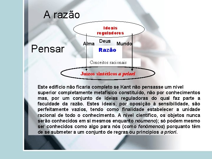 A razão Ideais reguladores Pensar Alma Deus Razão Mundo Conceitos racionais Juízos sintéticos a