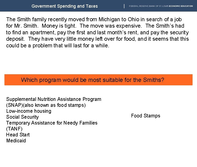 Government Spending and Taxes The Smith family recently moved from Michigan to Ohio in