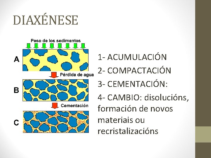 DIAXÉNESE 1 - ACUMULACIÓN 2 - COMPACTACIÓN 3 - CEMENTACIÓN: 4 - CAMBIO: disolucións,