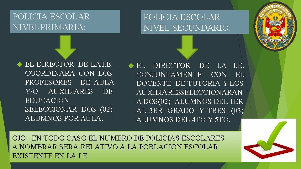 POLICIA ESCOLAR NIVEL PRIMARIA: EL DIRECTOR DE LA I. E. COORDINARA CON LOS PROFESORES