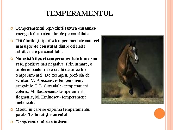 TEMPERAMENTUL Temperamentul reprezintă latura dinamicoenergetică a sistemului de personalitate. Trăsăturile şi tipurile temperamentale sunt