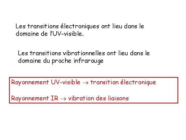 Les transitions électroniques ont lieu dans le domaine de l’UV-visible. Les transitions vibrationnelles ont