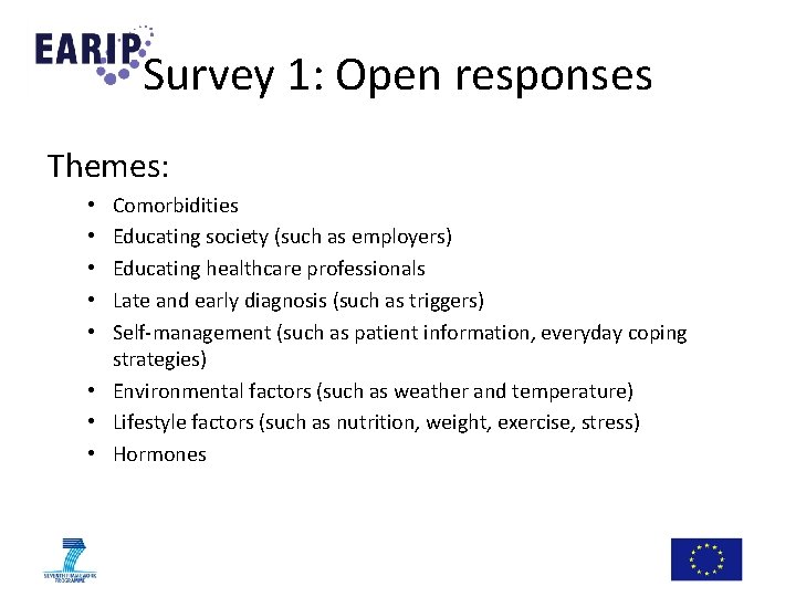 Survey 1: Open responses Themes: Comorbidities Educating society (such as employers) Educating healthcare professionals Survey 1: Open responses Themes: Comorbidities Educating society (such as employers) Educating healthcare professionals