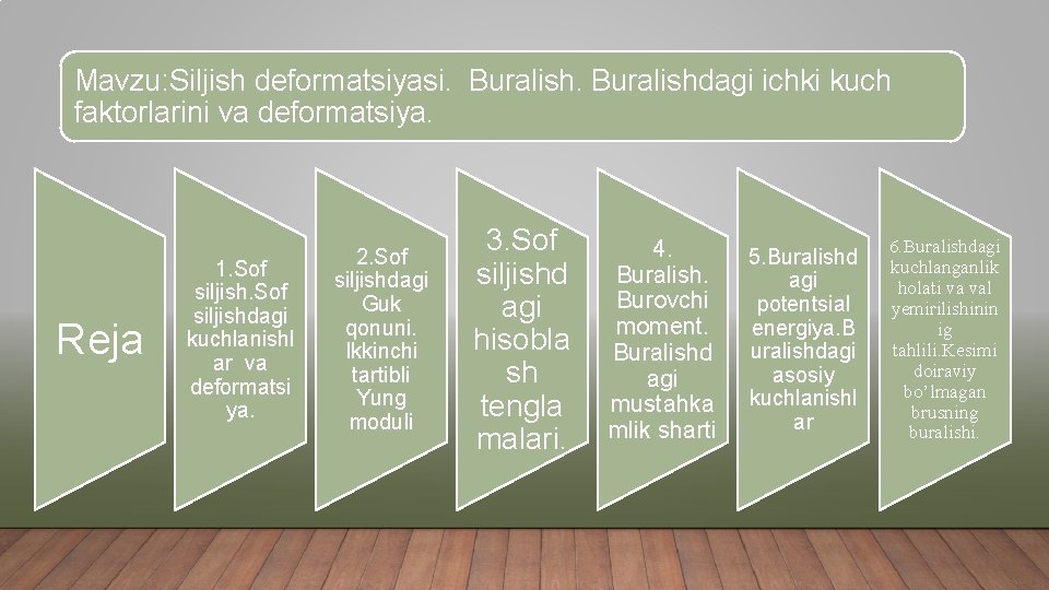 Mavzu: Siljish deformatsiyasi. Burаlishdаgi ichki kuch fаktоrlаrini vа dеfоrmаtsiya. Reja 1. Sof siljishdagi kuchlanishl