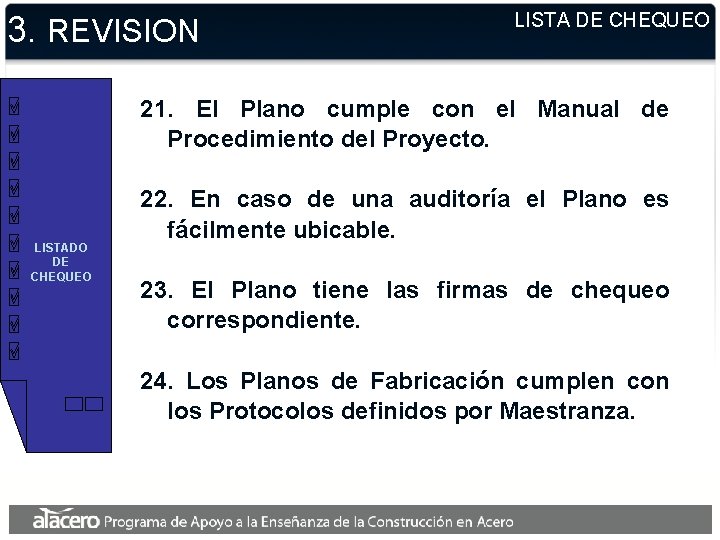3. REVISION LISTA DE CHEQUEO 21. El Plano cumple con el Manual de Procedimiento 3. REVISION LISTA DE CHEQUEO 21. El Plano cumple con el Manual de Procedimiento