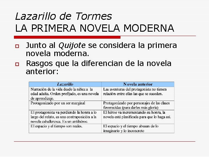 Lazarillo de Tormes LA PRIMERA NOVELA MODERNA o o Junto al Quijote se considera
