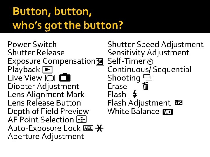 Button, button, who’s got the button? Power Switch Shutter Release Exposure Compensation Playback Live