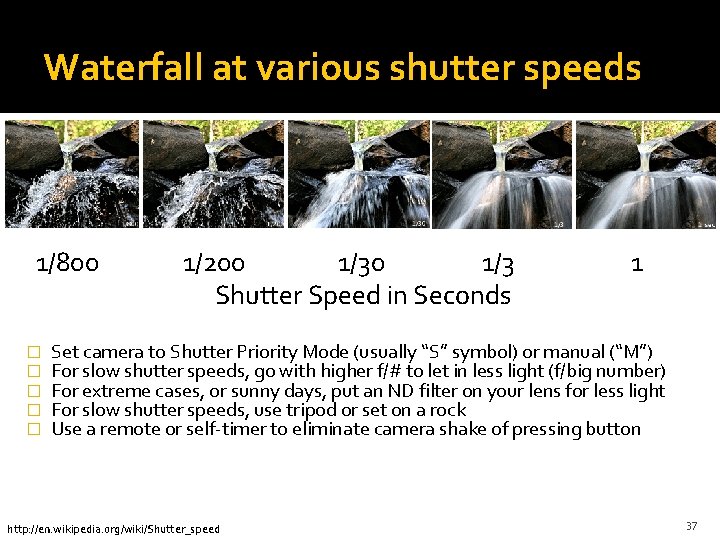 Waterfall at various shutter speeds 1/800 � � � 1/200 1/3 Shutter Speed in