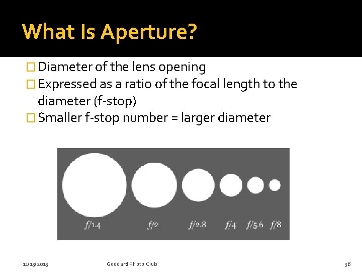 What Is Aperture? � Diameter of the lens opening � Expressed as a ratio