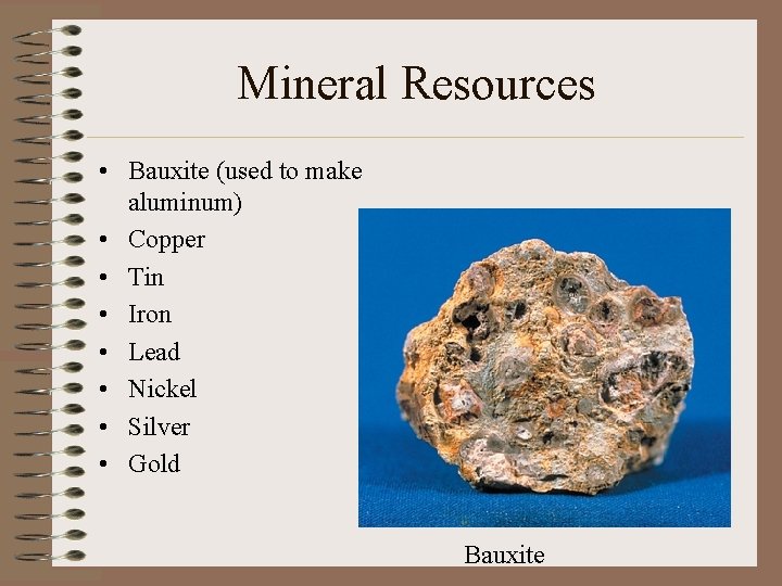 Mineral Resources • Bauxite (used to make aluminum) • Copper • Tin • Iron