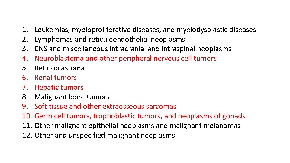 1. Leukemias, myeloproliferative diseases, and myelodysplastic diseases 2. Lymphomas and reticuloendothelial neoplasms 3. CNS