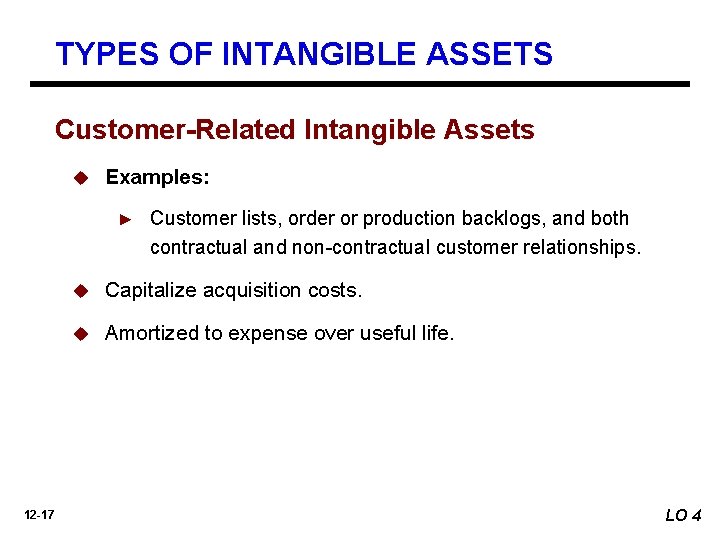 TYPES OF INTANGIBLE ASSETS Customer-Related Intangible Assets u Examples: ► 12 -17 Customer lists,
