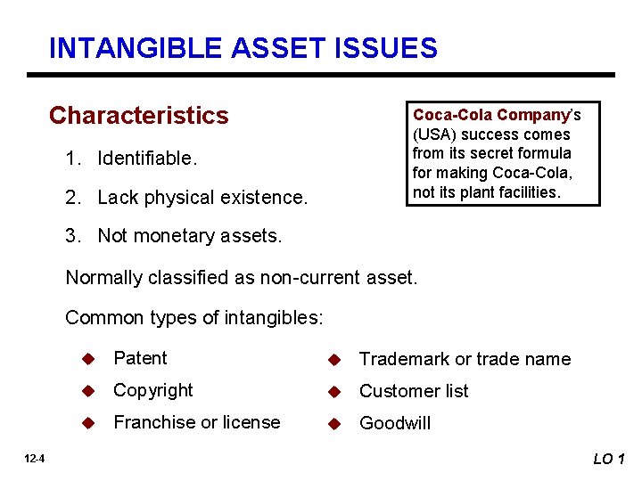 INTANGIBLE ASSET ISSUES Characteristics Coca-Cola Company’s (USA) success comes from its secret formula for