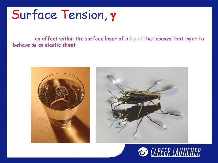 Surface Tension, an effect within the surface layer of a liquid that causes that