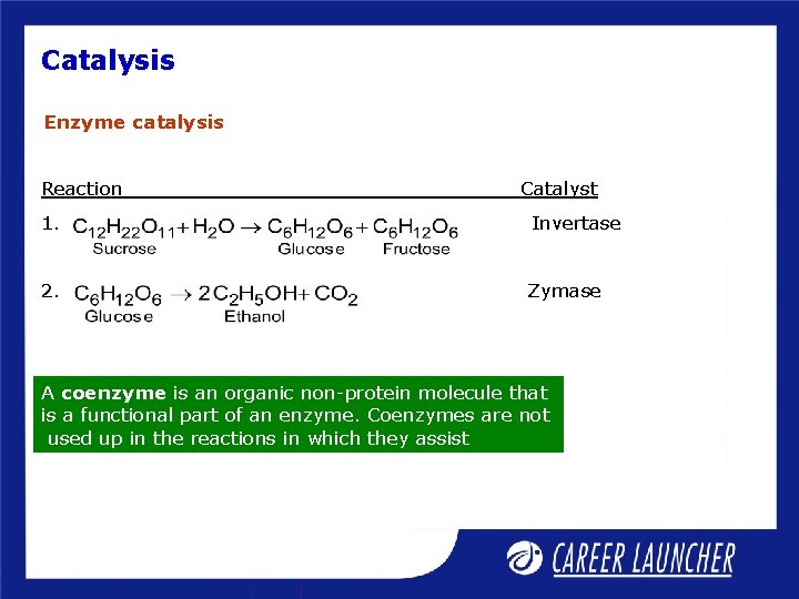 Catalysis Enzyme catalysis Reaction Catalyst 1. Invertase 2. Zymase A coenzyme is an organic