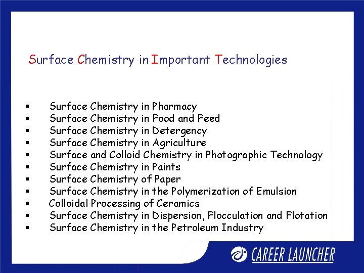 Surface Chemistry in Important Technologies § § § Surface Chemistry in Pharmacy Surface Chemistry