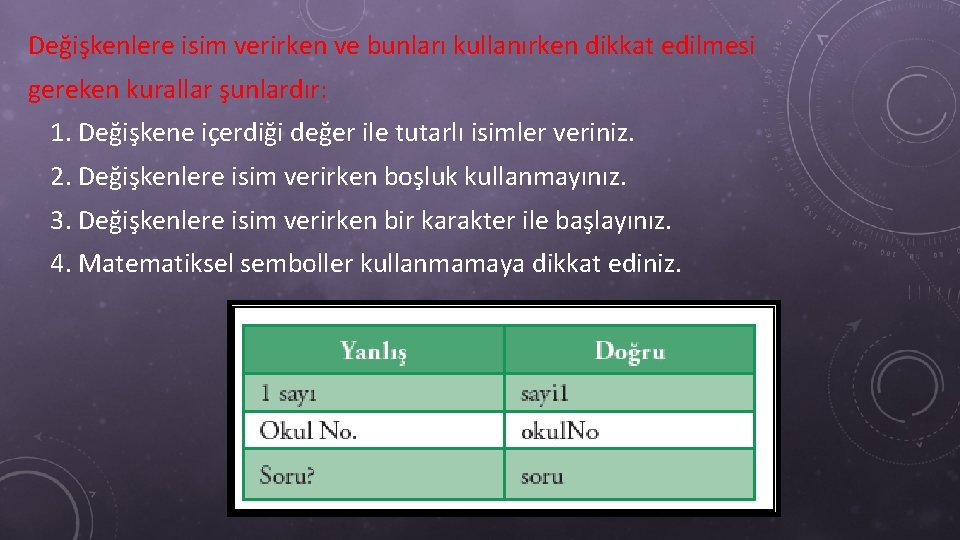 Değişkenlere isim verirken ve bunları kullanırken dikkat edilmesi gereken kurallar şunlardır: 1. Değişkene içerdiği