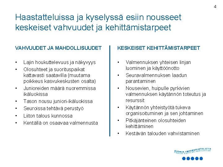 4 Haastatteluissa ja kyselyssä esiin nousseet keskeiset vahvuudet ja kehittämistarpeet VAHVUUDET JA MAHDOLLISUUDET KESKEISET