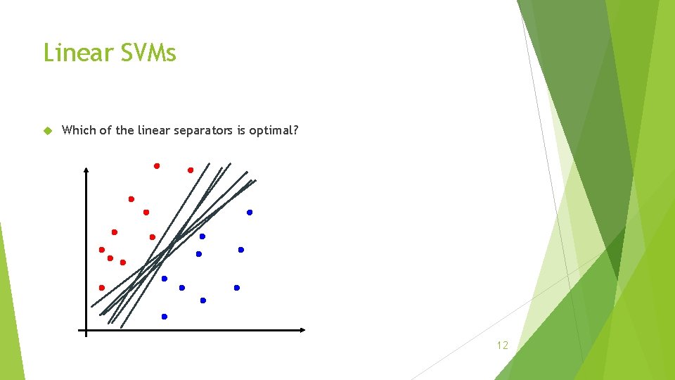 Linear SVMs Which of the linear separators is optimal? 12 