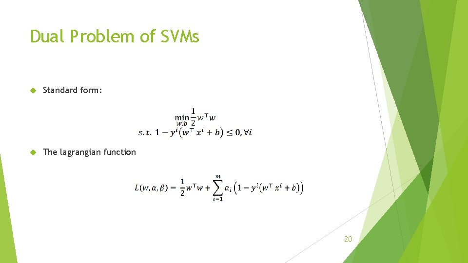 Dual Problem of SVMs Standard form: The lagrangian function 20 