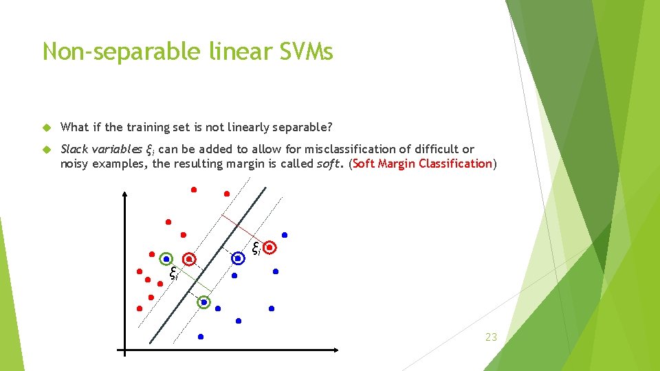 Non-separable linear SVMs What if the training set is not linearly separable? Slack variables