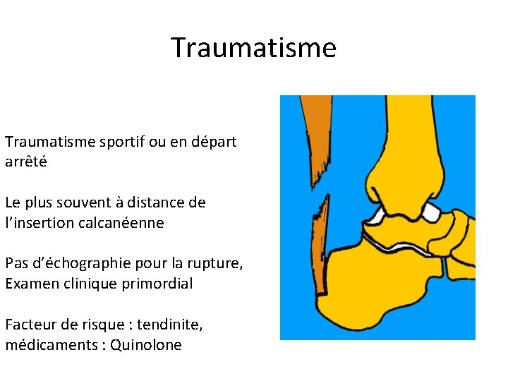 Traumatisme sportif ou en départ arrêté Le plus souvent à distance de l’insertion calcanéenne