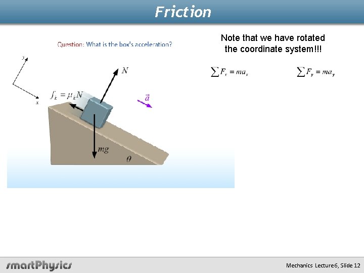 Friction Note that we have rotated the coordinate system!!! Mechanics Lecture 6, Slide 12