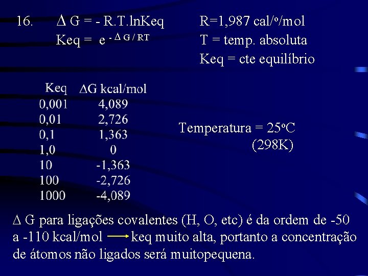 16. G = - R. T. ln. Keq = e - G / RT