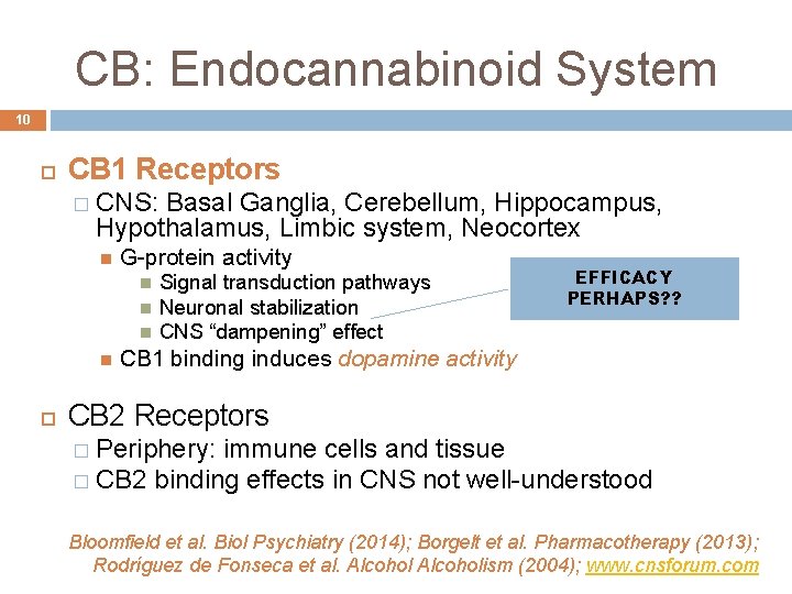 CB: Endocannabinoid System 10 CB 1 Receptors � CNS: Basal Ganglia, Cerebellum, Hippocampus, Hypothalamus, CB: Endocannabinoid System 10 CB 1 Receptors � CNS: Basal Ganglia, Cerebellum, Hippocampus, Hypothalamus,
