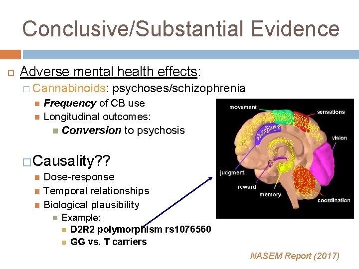 Conclusive/Substantial Evidence Adverse mental health effects: � Cannabinoids: psychoses/schizophrenia Frequency of CB use Longitudinal Conclusive/Substantial Evidence Adverse mental health effects: � Cannabinoids: psychoses/schizophrenia Frequency of CB use Longitudinal