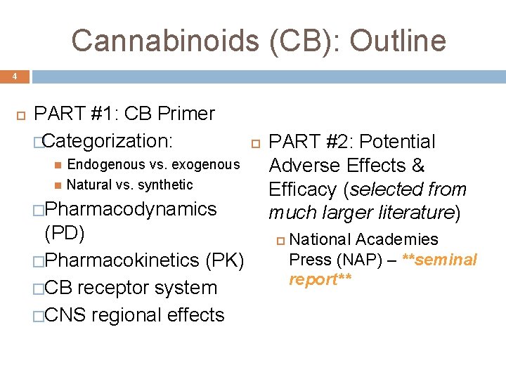Cannabinoids (CB): Outline 4 PART #1: CB Primer �Categorization: Endogenous vs. exogenous Natural vs. Cannabinoids (CB): Outline 4 PART #1: CB Primer �Categorization: Endogenous vs. exogenous Natural vs.