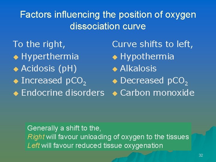 Factors influencing the position of oxygen dissociation curve To the right, Curve shifts to
