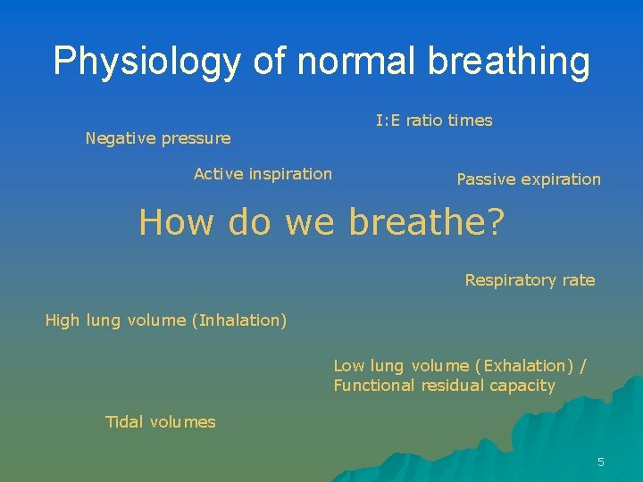 Physiology of normal breathing I: E ratio times Negative pressure Active inspiration Passive expiration