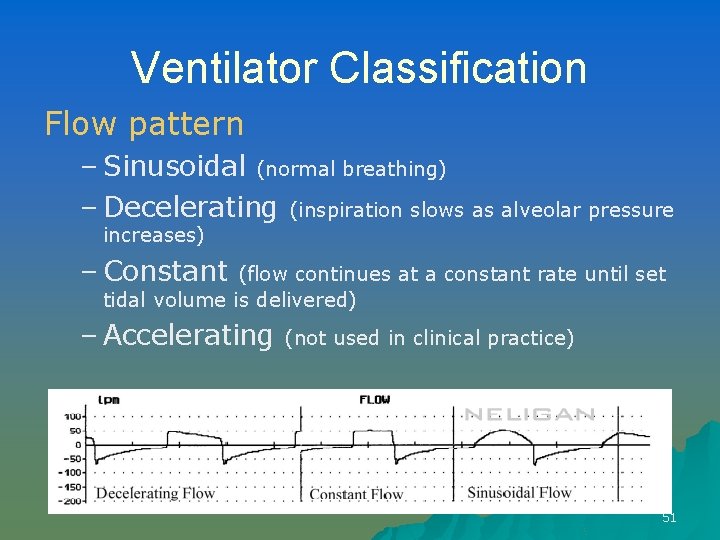 Ventilator Classification Flow pattern – Sinusoidal (normal breathing) – Decelerating (inspiration slows as alveolar