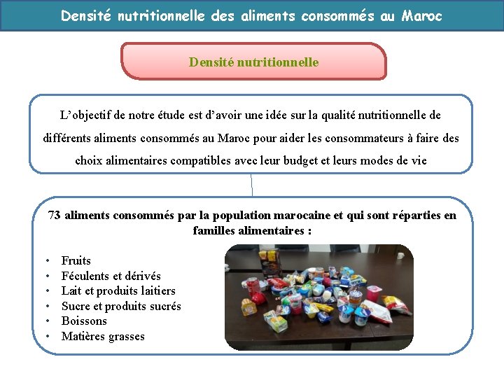 Densité nutritionnelle des aliments consommés au Maroc Densité nutritionnelle L’objectif de notre étude est