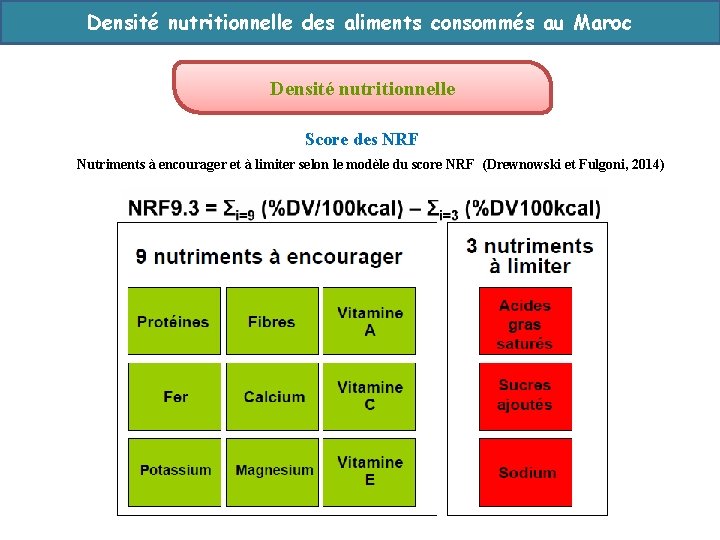 Densité nutritionnelle des aliments consommés au Maroc Densité nutritionnelle Score des NRF Nutriments à