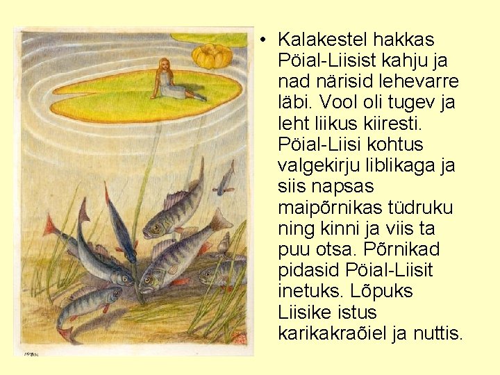  • Kalakestel hakkas Pöial-Liisist kahju ja nad närisid lehevarre läbi. Vool oli tugev