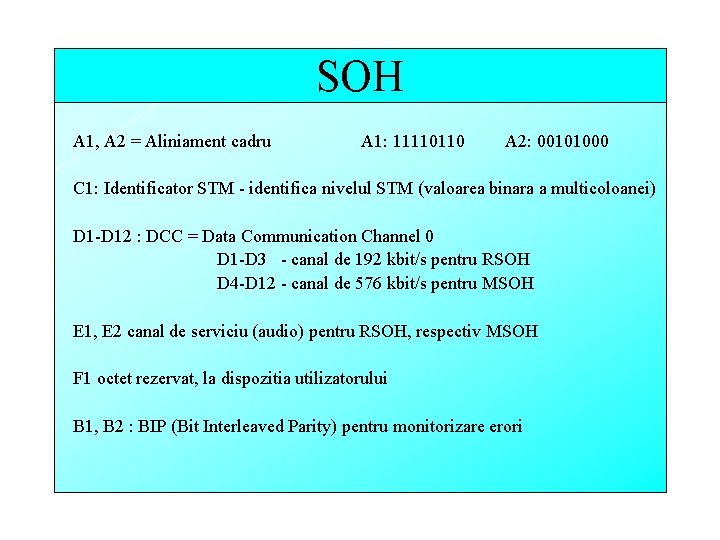 SOH A 1, A 2 = Aliniament cadru A 1: 11110110 A 2: 00101000